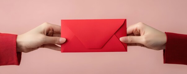 Obraz premium Close-up of red envelopes being exchanged between family members, symbolizing prosperity and good luck, Lunar New Year celebration fortune, customs and traditions