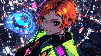 Futuristic Anime Protagonist Overlooking the Vibrant Cityscape