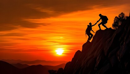 Fototapeta premium Silhouette at sunset of two people reaching the top of a mountain