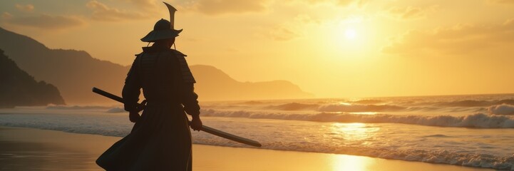 Obraz premium A silhouetted warrior stands on a beach at sunset, evoking themes of adventure, solitude, and strength in a serene natural setting.