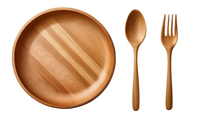 Wooden empty bowl plate with wood fork and spoon isolated on white background. Kitchenware top view photo