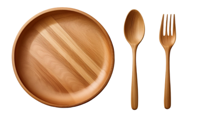 Wooden empty bowl plate with wood fork and spoon isolated on white background. Kitchenware top view photo