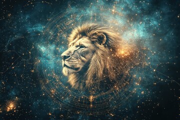 Star Wheel. Zodiac Sign of Leo, Lion Head with Magical Light in Astrology Sky