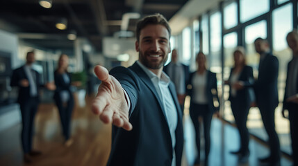 Smiling businessman reaching out to shake hands in an office