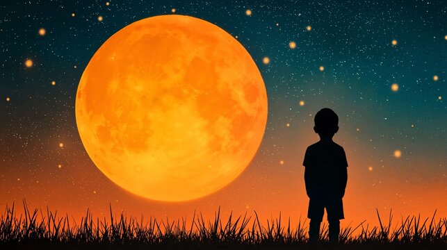 A child gazes at a large orange moon in a starry night sky, creating a serene and magical atmosphere.