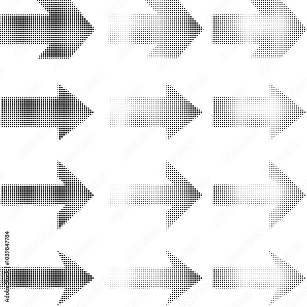 Wall mural set of arrows with square shaped halftone effect. abstract arrow symbol created from squares, halfto