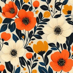 Vibrant floral pattern with red and white blooms on a cream background displayed artistically