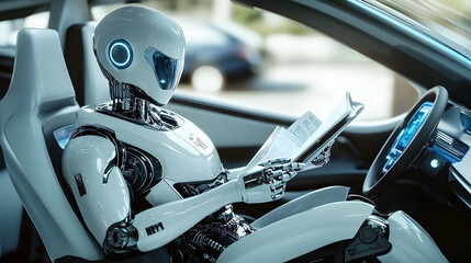 Futuristic robot reads in sleek self-driving vehicle.