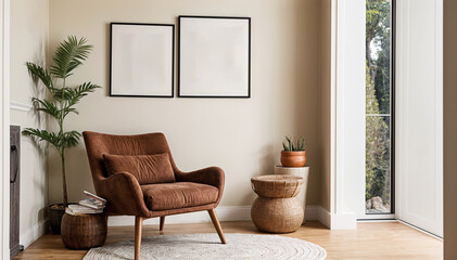 A stylish reading nook featuring a cozy armchair with a pillow, a framed mockup for artwork on the wall. Modern design