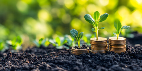 seedlings growing on a pile of coins on the ground. forests and natural surroundings. plants on stacks of coins. ideas for saving money and economic growth. money growth concept