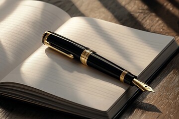 A sleek, black fountain pen with gold accents resting on an open notebook, with warm sunlight casting shadows across the desk. 