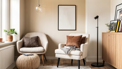 A stylish reading nook featuring a cozy armchair with a pillow, a framed mockup for artwork on the wall. Modern design