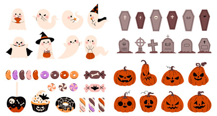 Fototapeta premium Set of cute Happy Halloween stickers on white background. Set of mascots pumpkin, ghost, Halloween sweets and candies, grave and coffin. Vector illustration in flat style