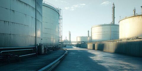Obraz premium Massive cylindrical oil storage tanks dominate the landscape of a refinery, with pipes and industrial structures connected throughout the area. A bright, clear sky contrasts 