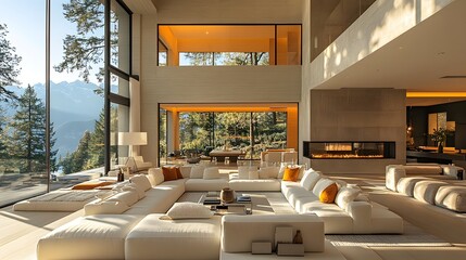 Minimalist hall with warm lighting and large windows providing an abundance of natural light