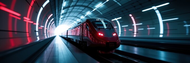 Obraz premium A dynamic shot of a modern train speeding through a futuristic tunnel, showcasing advanced transportation technology and infrastructure.