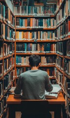A person sits studying in a library.