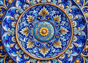 Fototapeta premium Blue Round Pattern Baroque Style Handmade Ceramic Plate, Traditional Tribal Ornament, Capri Maiolica, High Dynamic