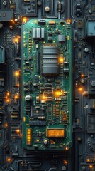 a flat isometric illustration showcasing industrial buildings cranes and workers merging construction elements with intricate circuit board designs representing modern engineering and technology