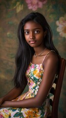 Fototapeta premium Elegant young woman in a floral dress posing gracefully against a blurred natural backdrop