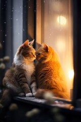 A cat and a cat are sweetly warming themselves against each other, sitting on the windowsill in the evening. It's raining outside and it's grey.