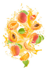 Peach pieces with peach juice, green leaves, drops, splashes, flows levitate on white background,...