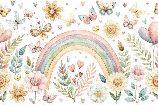 Boho Rainbows and Butterflies Floral Border for Baby Nursery Decor in Neutral Colors