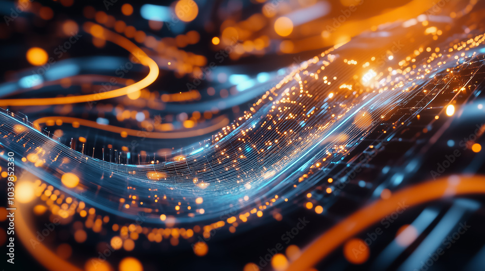 Poster bright orange and blue data streams weave through a dark virtual space, creating a mesmerizing flow 