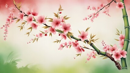 Obraz premium Incorporate elements of nature, such as delicate cherry blossoms in bloom and lush bamboo stalks, symbolizing renewal and resilience