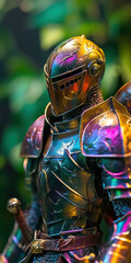 Vibrant Armor on Display Medieval Knight with Iridescent Helm in Verdant Setting