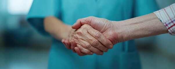 Soft-lit scene of nurse gently holding elderly patient s hand, calm expression, warm hospital setting, comfort, well-being, care