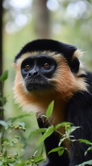 Obraz premium A curious gibbon gazes thoughtfully among vibrant foliage in a tranquil forest setting