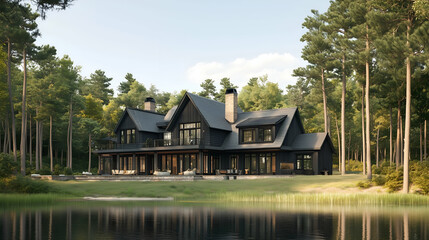 Obraz premium luxury shingle style farmhouse with green finishes in the forest on the lake with views of tall pine trees.