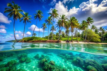 Obraz premium Breathtaking Double Exposure of Hawaii's Tropical Shoreline with Waves and Palm Trees