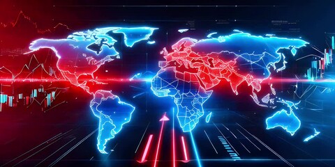 A digital world map with red and blue lights and lines representing data flow, up and down arrows. - Powered by Adobe