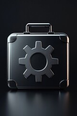A sleek metallic briefcase with a floating gear icon, representing business strategy and efficiency. 