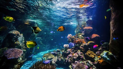 Obraz premium An underwater diving gear display in a vibrant tropical lagoon, Scuba equipment surrounded by exotic fish and coral gardens, Tropical lagoon exploration style