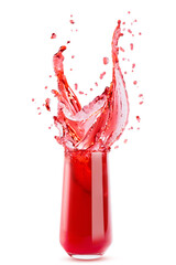 Red cherry juice. Drink in drinking glass with bright splashes, drops flying, swirl isolated on white background. Vitamin berries cocktail with splashing for advertising, design, flyer, card, poster.