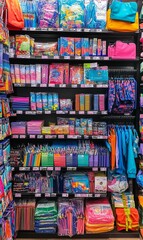 A store shelf filled with colorful, packaged goods.