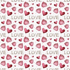 Colorful pattern featuring love-themed mugs and hearts on a light background for romantic occasions