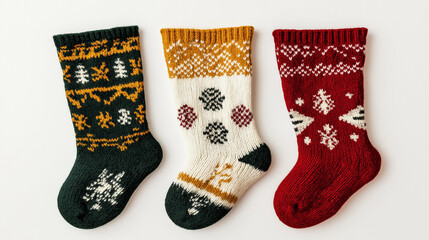 christmas sock with gifts, christmas socks on a white, knitted Christmas socks made from yarn, xmas gift