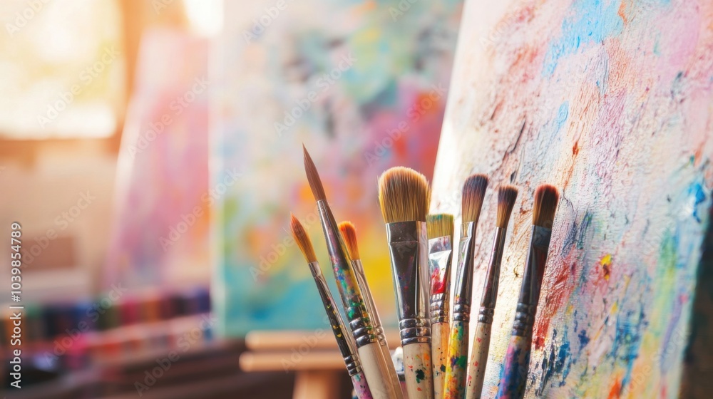 Poster an uplifting painting session in a sunlit studio, paintbrushes and canvases arranged with creative f