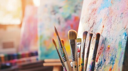 Fototapeta premium An uplifting painting session in a sunlit studio, Paintbrushes and canvases arranged with creative flair, Artistic studio style