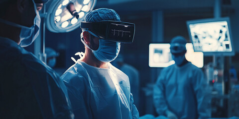 A surgeon wearing advanced augmented reality glasses in an operating room, showcasing the integration of futuristic technology in modern medicine and surgical procedures.