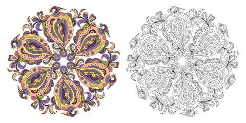 Black and white illustration pattern and colored example