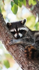 A peaceful raccoon naps on a sturdy tree branch under the soft afternoon sunlight