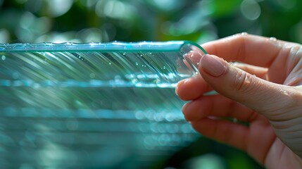 Hand displays transparent acrylic polycarbonate sheet featuring clear, precise patterns, perfect for architectural or model creation, with minimal slat misalignments adding to its uniqueness.