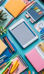 Assorted stationery, tablet, blue background.