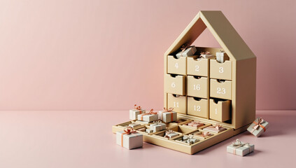 Obraz premium A charming Advent calendar shaped like a house with small gift boxes and numbered drawers awaits the countdown to Christmas, creating holiday anticipation and excitement. 3D illustration