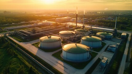 Industrial Complex with Silos at Sunset